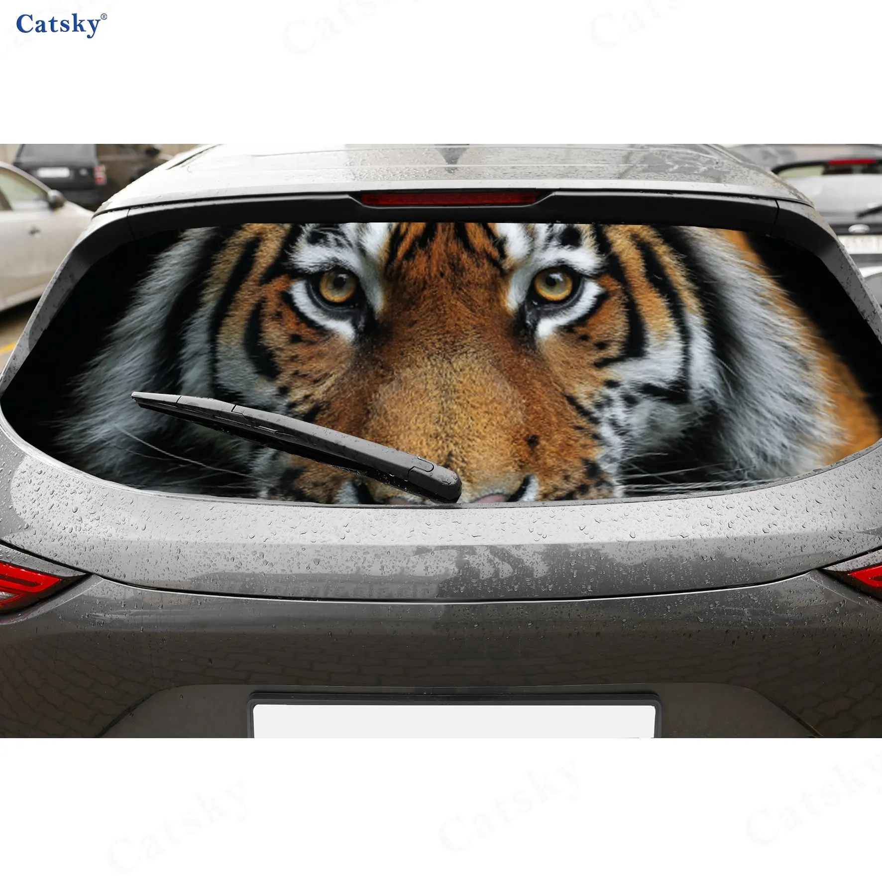 Realistic Tiger Golden-Eyed Wild PVC Perforated Car Vinyl Wraps, Durable Car Rear Windshield Sticker, Waterproof Car Rear Window