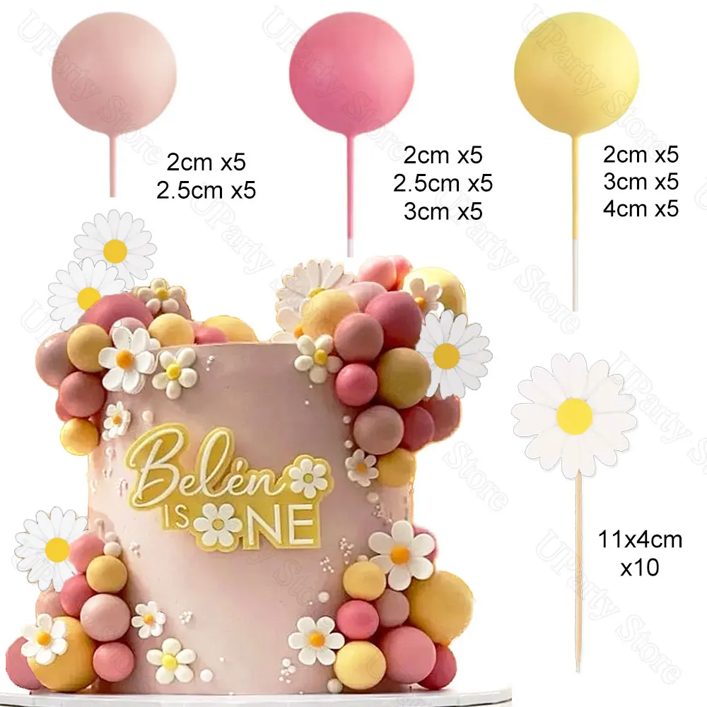 50Pcs Boho Cake Toppers Blush Pink Yellow Balls Daisy Flowers Cake Toppers for Groovy Birthday Baby Shower Party Cake Decoration