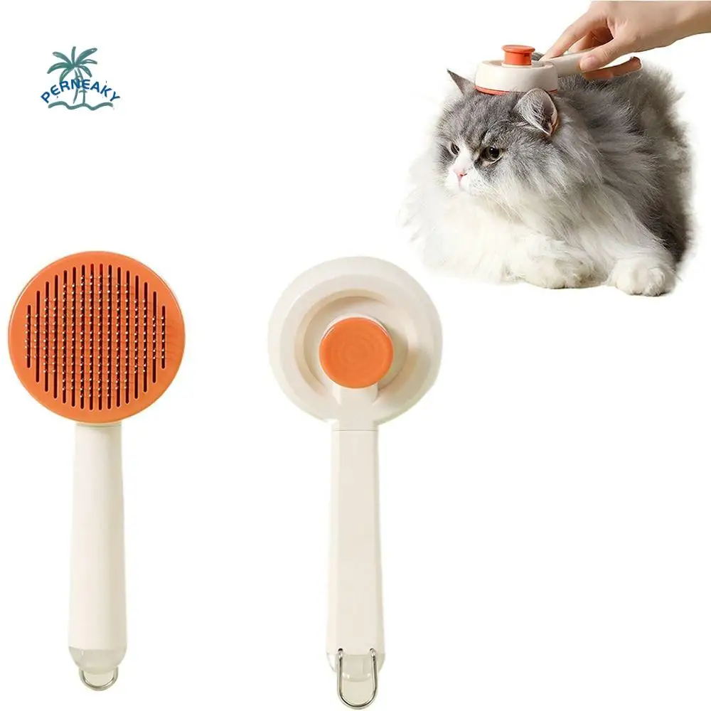 

Self Cleaning Pet Hair Remover Hanging Hole Stainless Steel Teeth Dog Grooming Brush One-click Shedding Button Long Handle