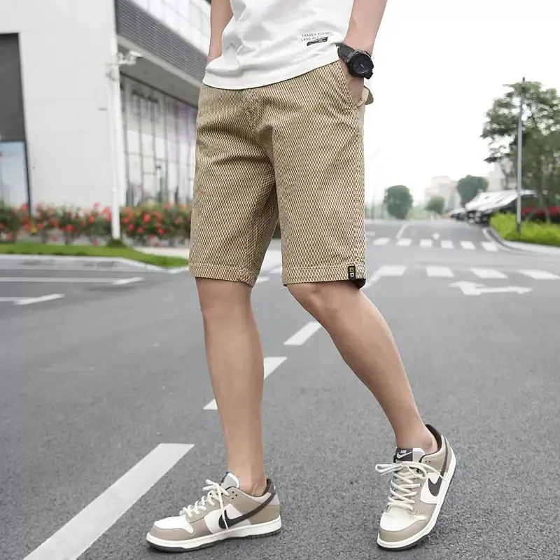 American Trendy Casual Loose Straight Shorts Men\'s Elastic Waist Drawstring Patchwork Pockets Straight Beach Cool Sport Shorts
