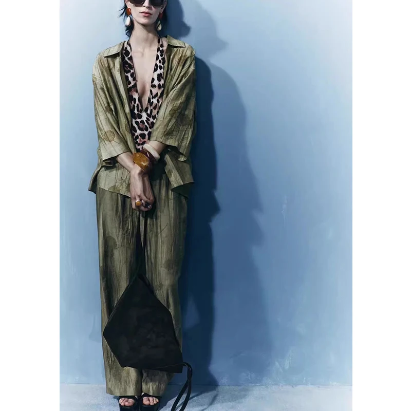 

Loose Floral Embroidery ort Sve Collar irt High Waist Straight Leg Casual Pants Women's Faion Spring Two-Piece Set