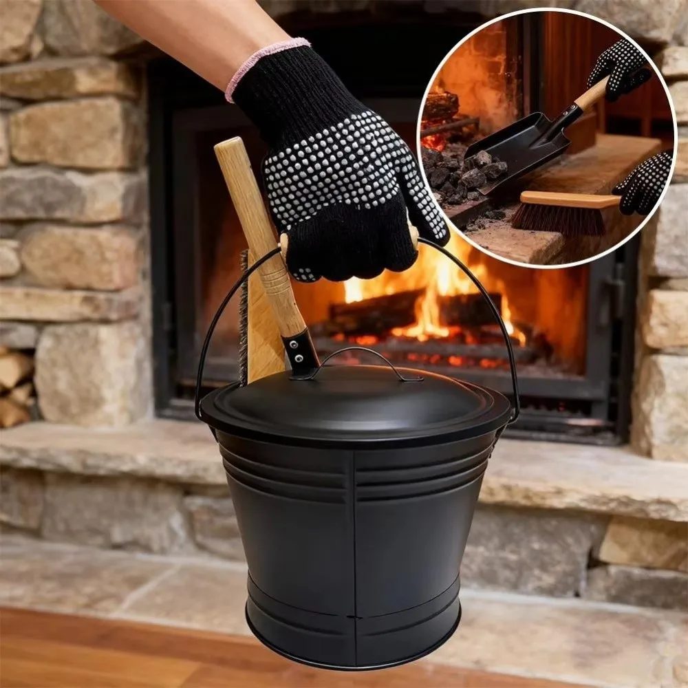 

Ash Removal Fireplace Ash Bucket Heavy Duty Large Capacity Ash Shovel Brush Bucket Set Rust Resistant with Lid