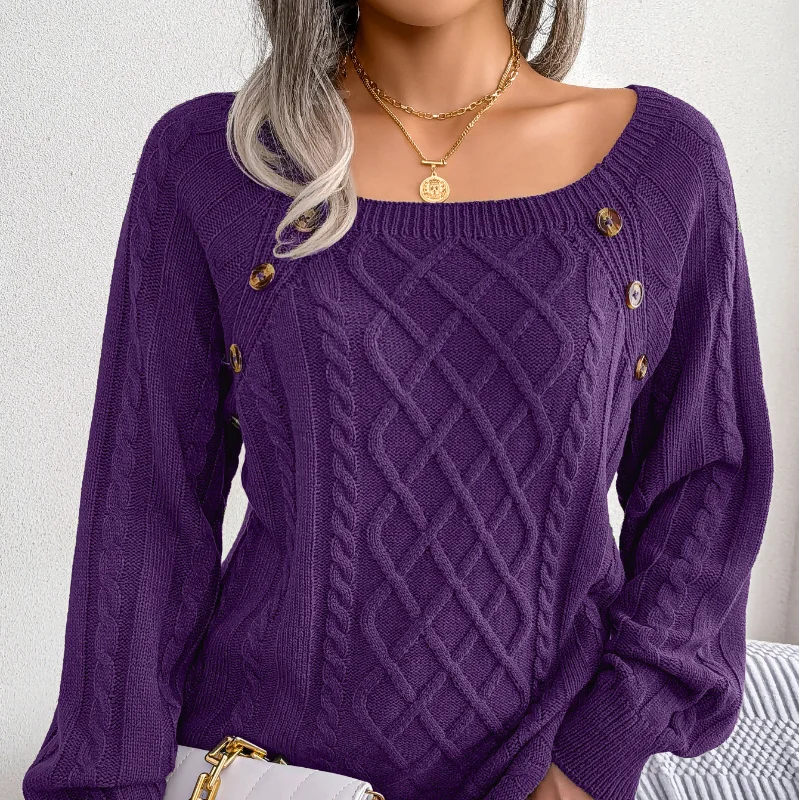 Autumn and Winter 2023 New Casual Square Neck Raglan Sleeve Geometric Casual Basics Office Lady Knitting Female Pullover Sweater