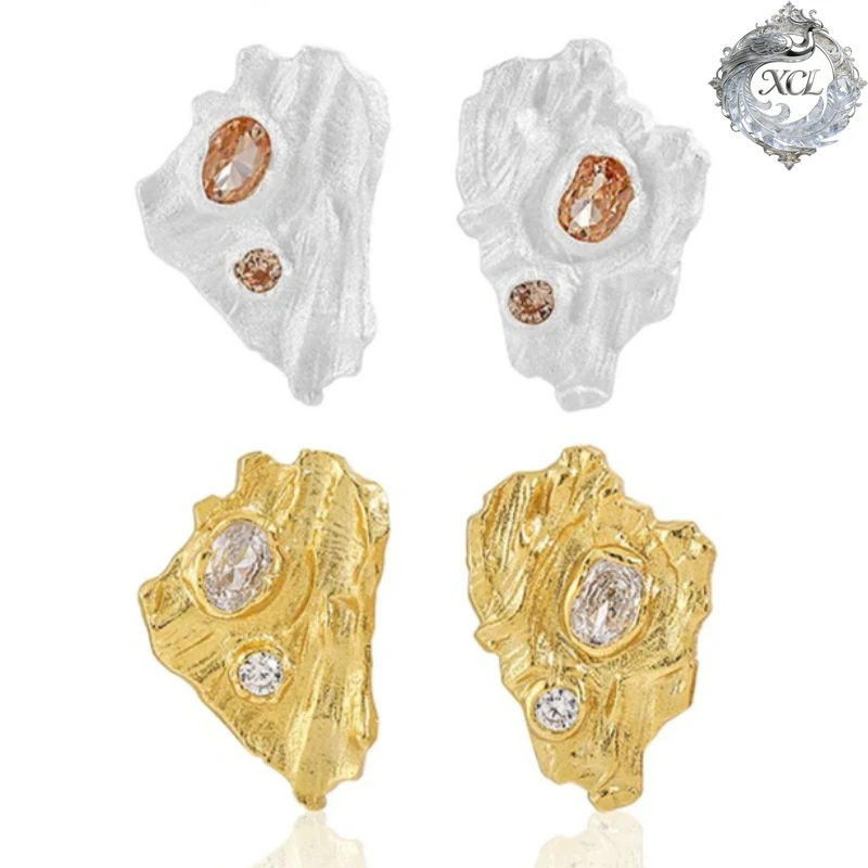 

XCL 100% S925 Sterling Silver CZ Crystal Square Fold Earrings Irregular Personality Statement Jewelry for Women Party Wear