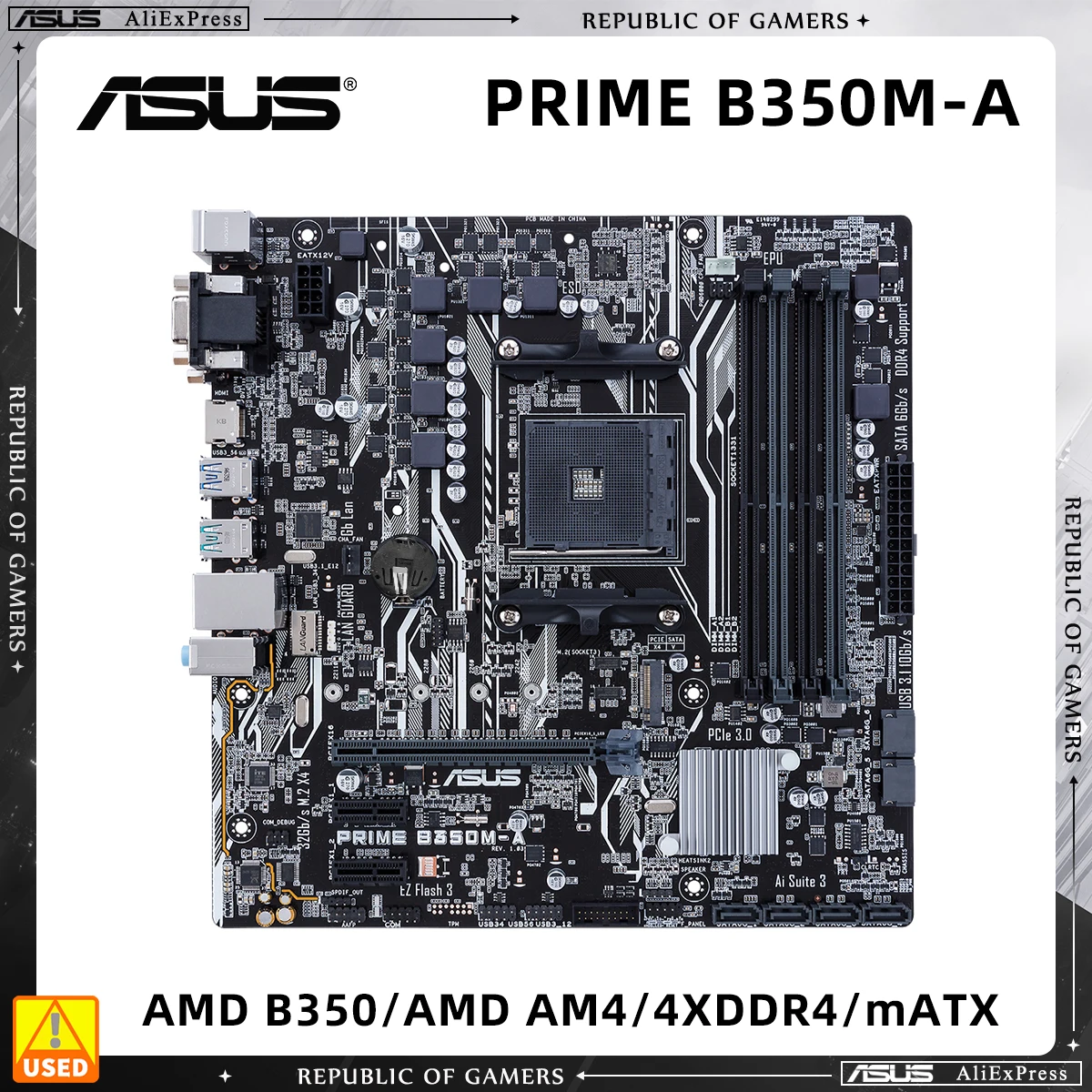 

Used Motherboard, ASUS PRIME B350M-A, B350 Chipset, AM4 Socket for 1st Gen Ryzen Processors, Micro ATX Form Factor, 4 DDR4 Slots