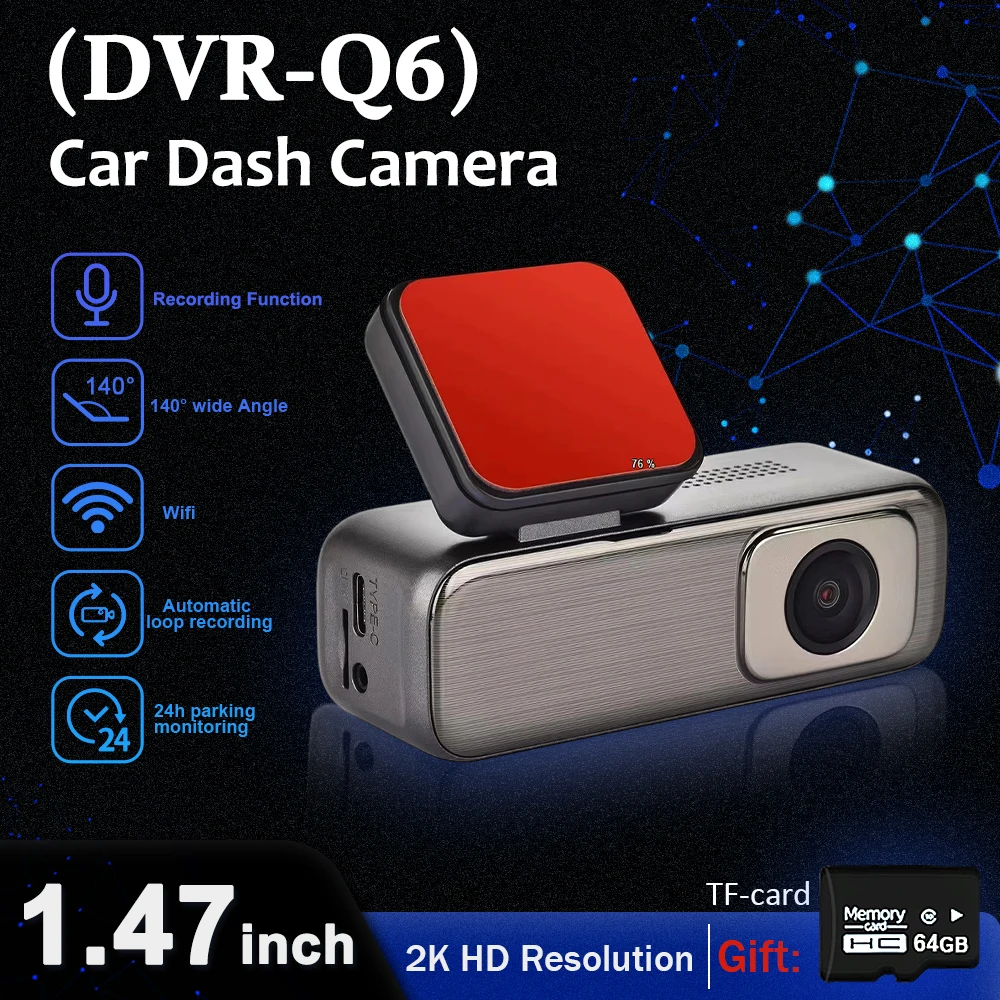 

1.47 inch 2K HD Night Vision For DVR-Q6 Intelligent Car Dash Camera WiFi Mobile interaction Loop Recording 140° Wide-Angle Lens