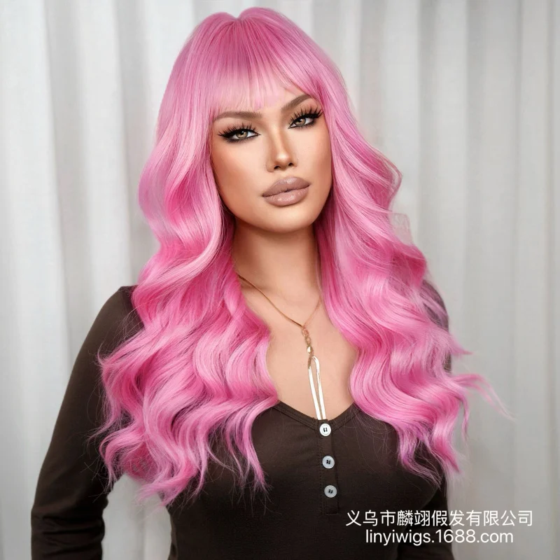 

Длинный розовый кудрявый парик для женщин с крупными волнами и воздушной челкой