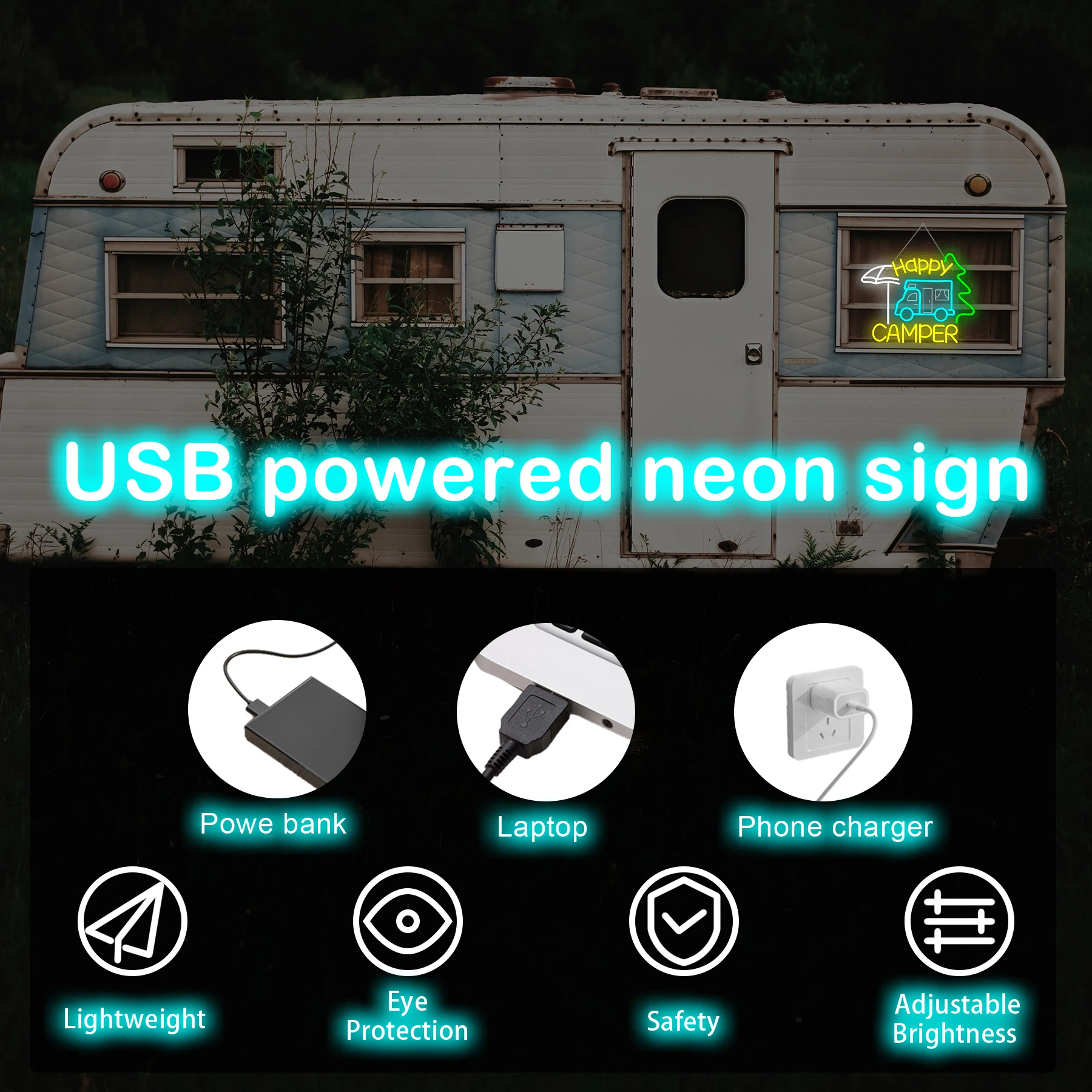 Happy Camper Neon Sign Dimmable Camping Light Up Sign for Touring Car Gifts Campsite Decorations Inside Camper Backdrop