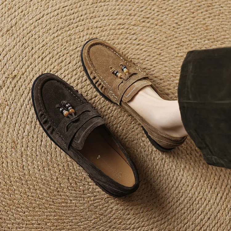 

Bohemian Design Women Autumn Flats Round Toe Casual Outside Loafers Brown Suede Espadrilles Beading Tassel Lady Moccasins Mujer