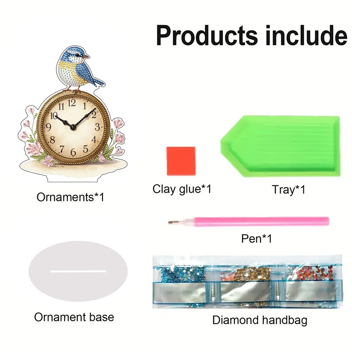 2D Flat 1pc Bird and Flower Clock Acrylic Welcome Plaque Diamond Painting Desktop Ornament Set, Shiny Wall Decor, Holiday Gift - view 5