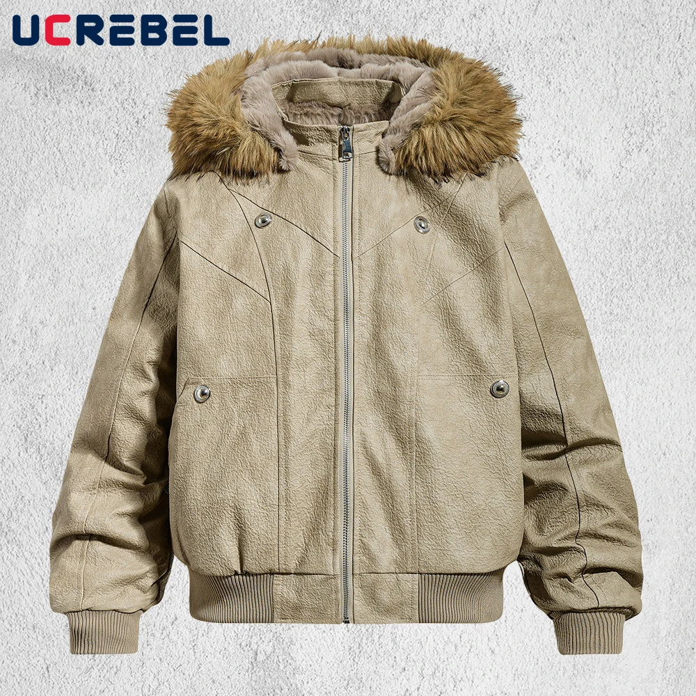 Spliced Pocket PU Leather Padded Jacket Mens Winter Thick Retro High Street Loose Long Sleeve Removable Hat Outerwear Man