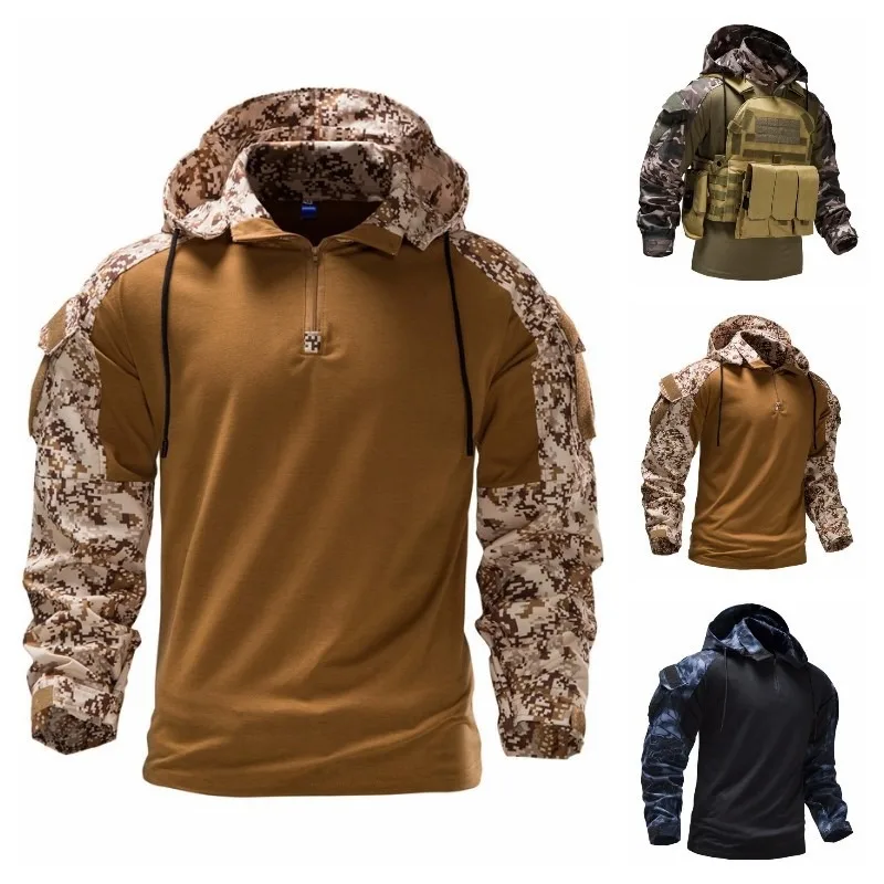 Men's Camouflage Hoodie Tactical Fashion Hooded Camouflage Lapel Shirt Outdoor Hiking Long-sleeved T-shirt