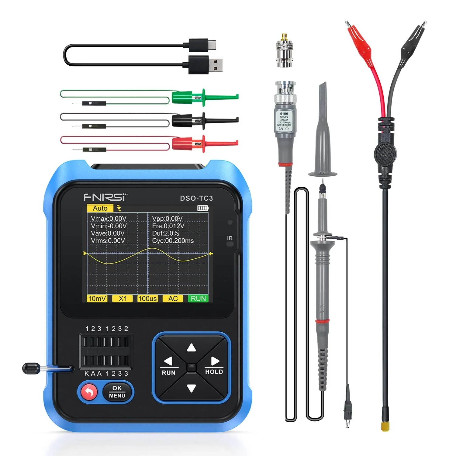 FNIRSI DSO-TC3 Oscilloscope 3-in-1 DDS Signal Generator&Transistor Tester,500Khz,10MSa/s,Electronic Component Test