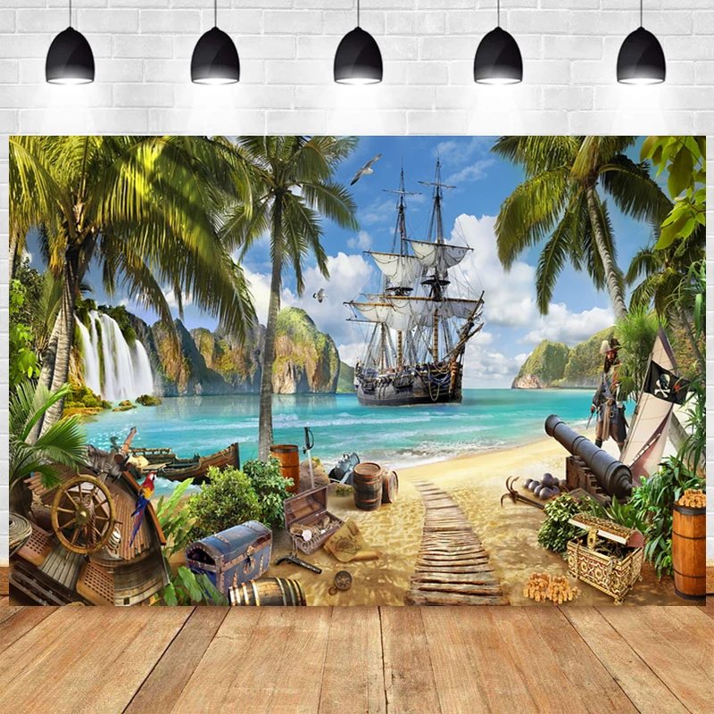 

Pirate Ship Background Seaside Beach Adventure Island Treasure Cruises Photography Backdrop Kids Cake Smash Party Photo Banner