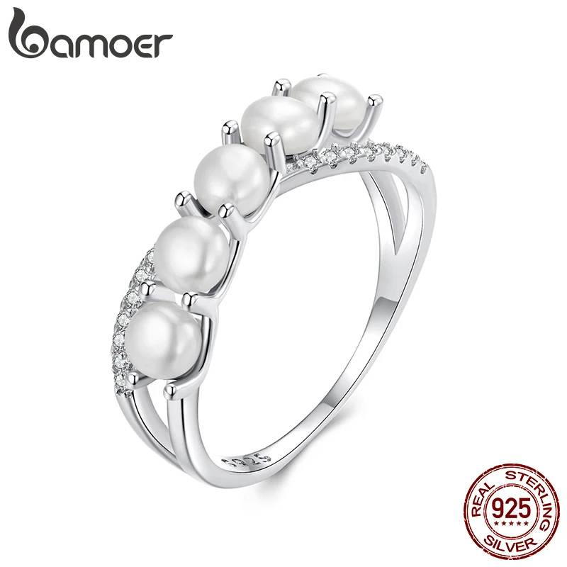 BAMOER 2025 New 925 Sterling Silver Infinity Pearl Ring, Dainty Double Layer Gold Plated Thumb Ring Wedding Engagement Jewelry