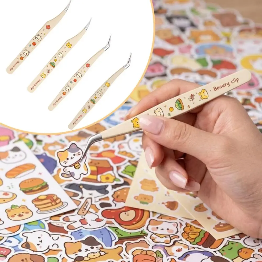 Cartoon Bear Print Curved Stickers Tweezers Stainless Steel Curved Tip Journal Scrapbooking Tweezers Multi-purpose