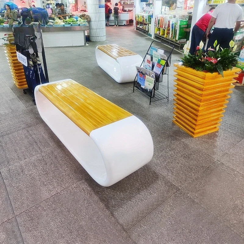 Assento de anel de imitação de grão de madeira FRP quadrado sobreposto vaso de flores assento de cinema shopping Meichen Park cadeira de descanso