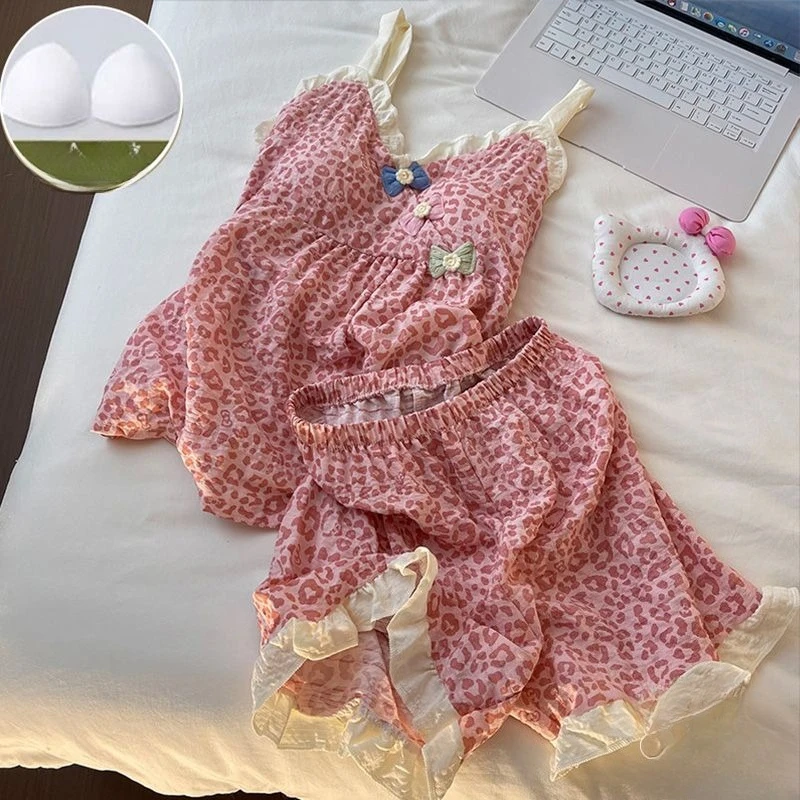 New Pajamas Women's Summer with Chest Pads, Sweet and Cute Flowers, Princess Style, Small Suspenders, Shorts, Loungewear Set