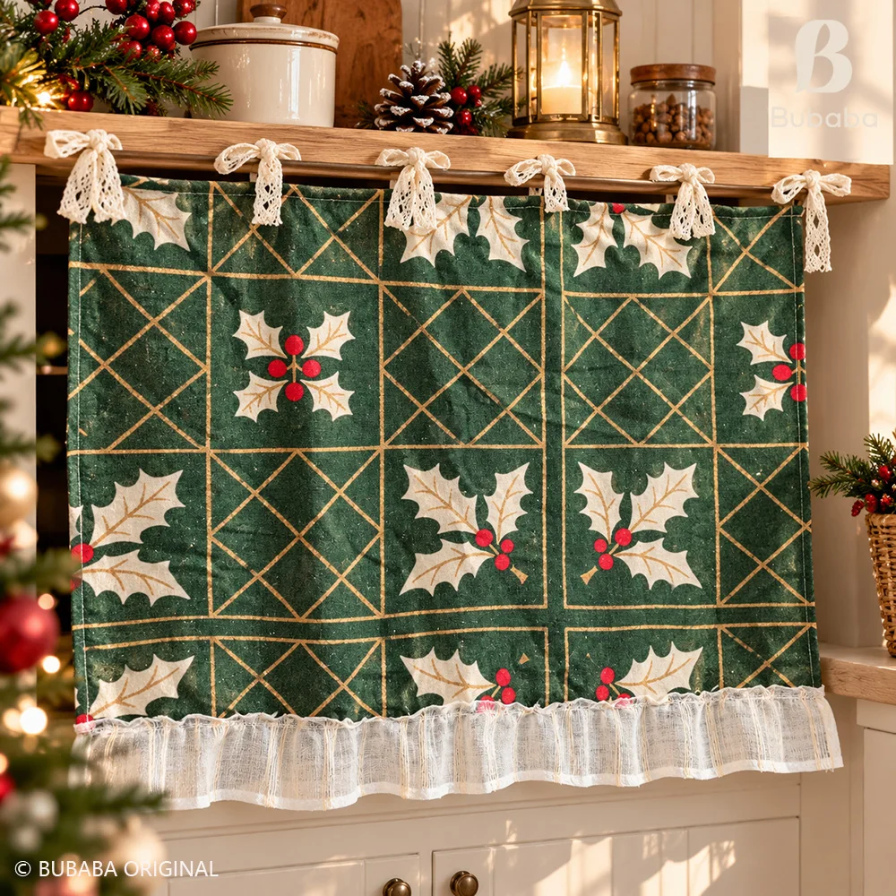 Christmas Kitchen Dust Curtains Washable Cabinets Decorative Covers Lace Straps Ruffled Edges Ovens Microwave Ovens Dust Covers