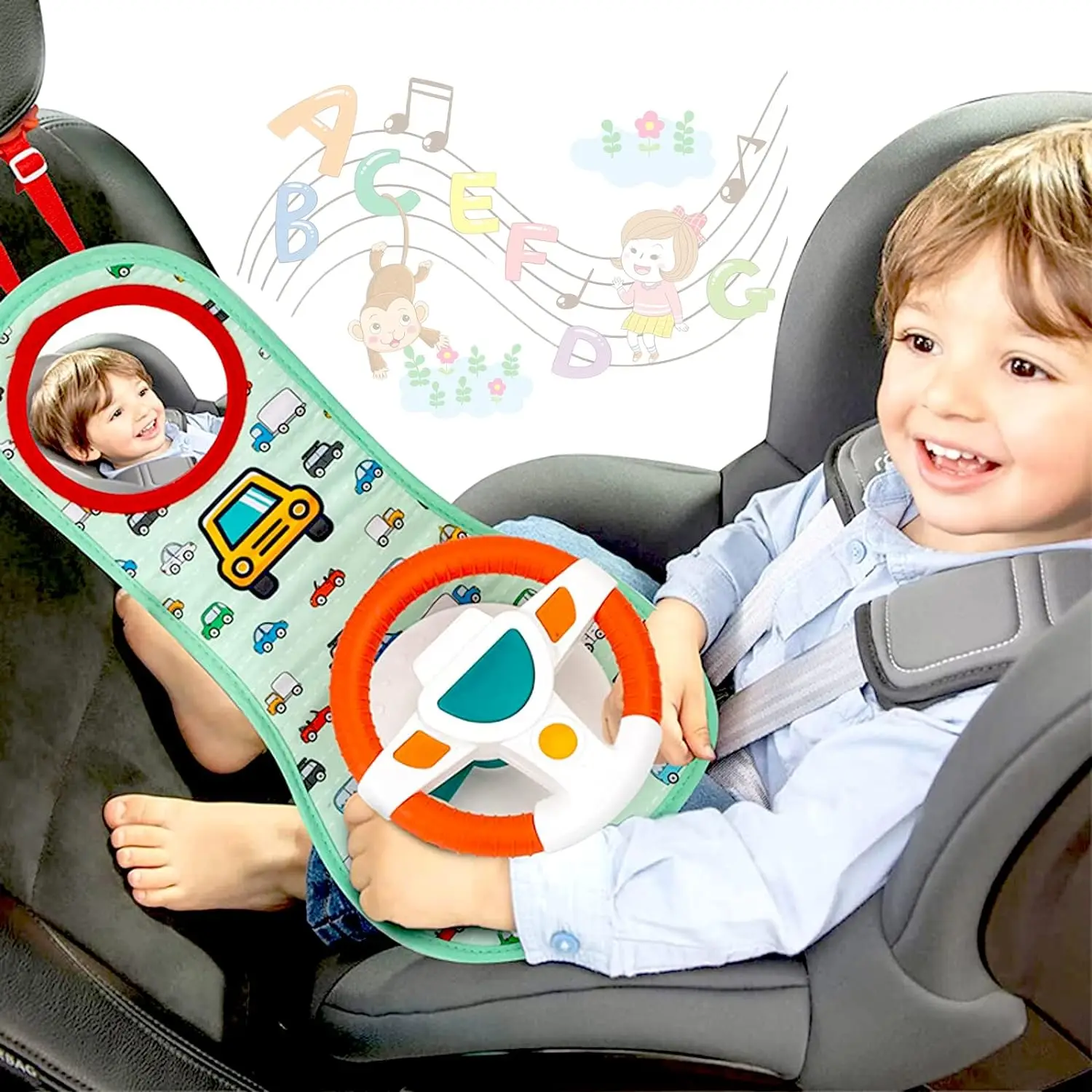 

Baby Car Seat Toys for Infants with Mirror Eletric Steering Wheel with Music Lights Driving Sounds Car Seat Busy Toy Kid Rattles