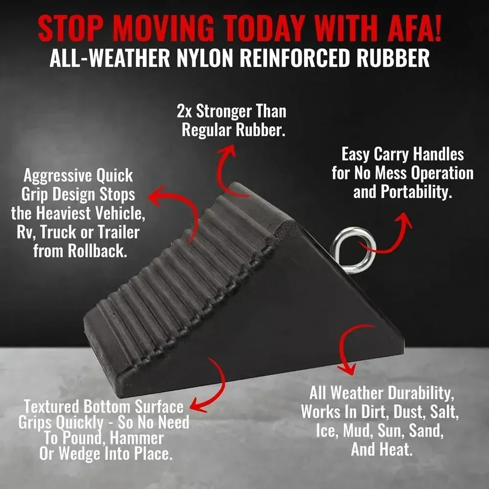 AFA Tooling - Heavy Duty Rubber Wheel Chocks w/Eyebolt Tie Off Handles - RV Wheel Chock for Front & Back Tires - Quick Grip Ribb