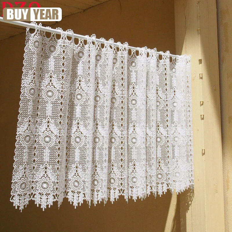 

American Geometry Crochet Hollow Short Curtains For Kitchen Partition Manual Rhombus Linen Flowers Lace Half Curtains #A122