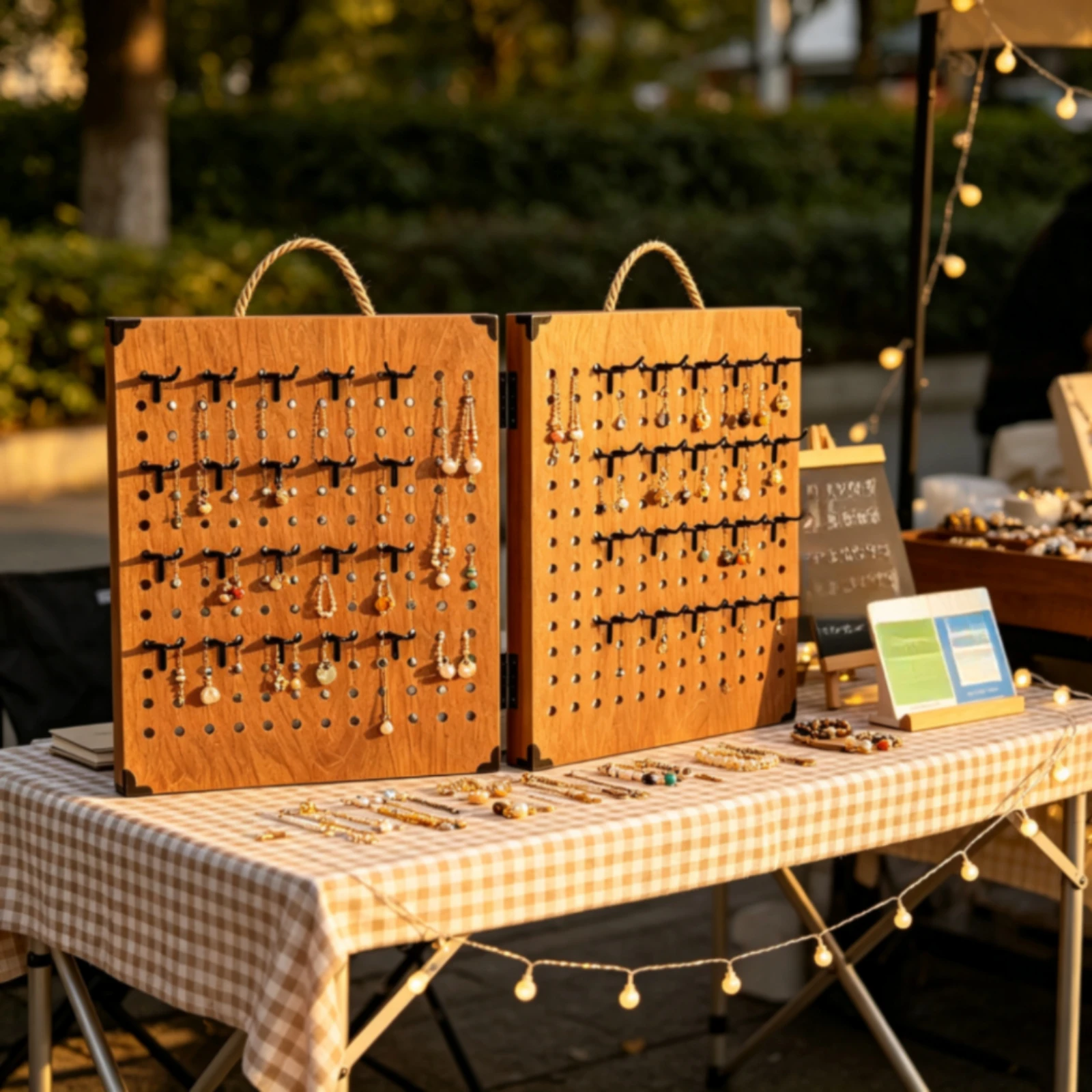 Jewelry Display Rack Foldable Tabletop Pegboard Display Stand Jewelry Rack with Hooks Wooden Organizer Portable for Vendors