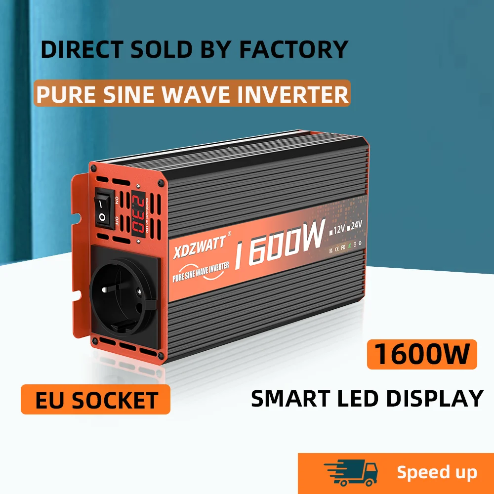 

Pure Sine Wave Inverter 1600W EU Socket 12V to 230V 50Hz For Car RV Boat Solar Battery with LCD Display