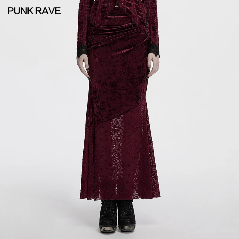 

PUNK RAVE Women's Glossy Velvet Lace Asymmetrical Pointed Elegant Fishtail Skirt Nobility Mystery Long Skirts Female Two Colors