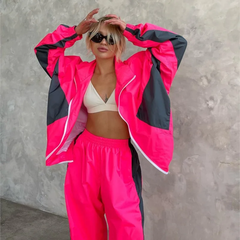 

Women's Casual Fashion Loose Color Blocked Long Sleeved Zipper Cardigan Color Block Top & Pants Sport Set 2025 Autumn