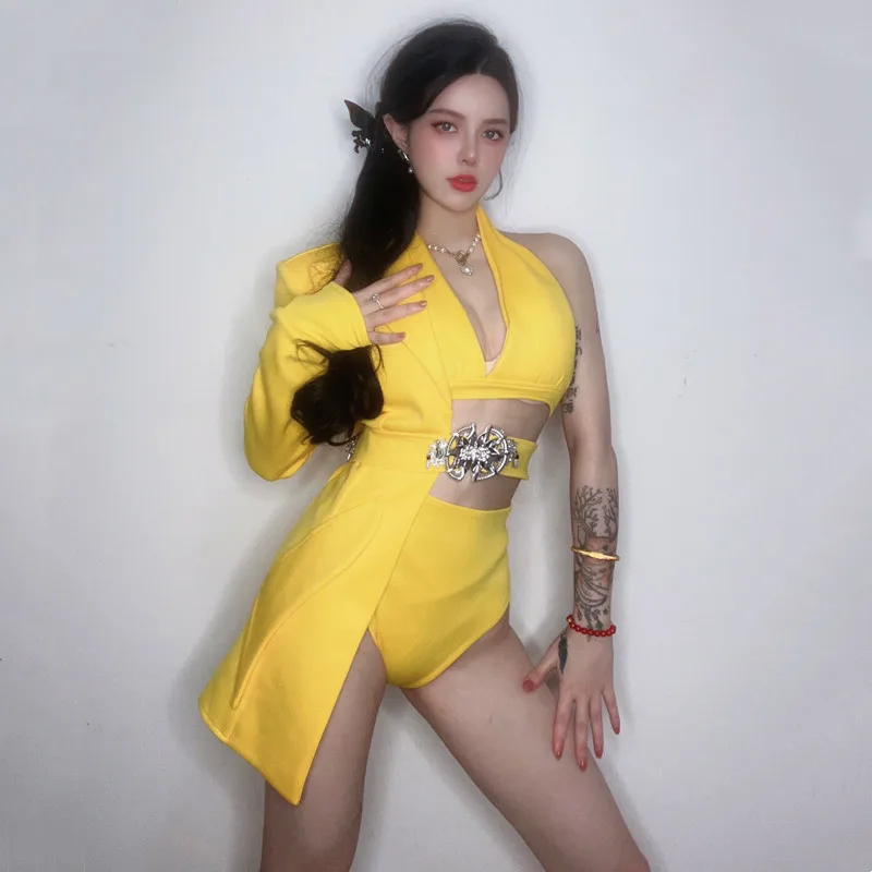 Yellow Irregular Blazer Bikini Women Modern Jazz Dance Team Costume Nightclub Bar DJ Singer Gogo Dancer Performance Stage Outfit