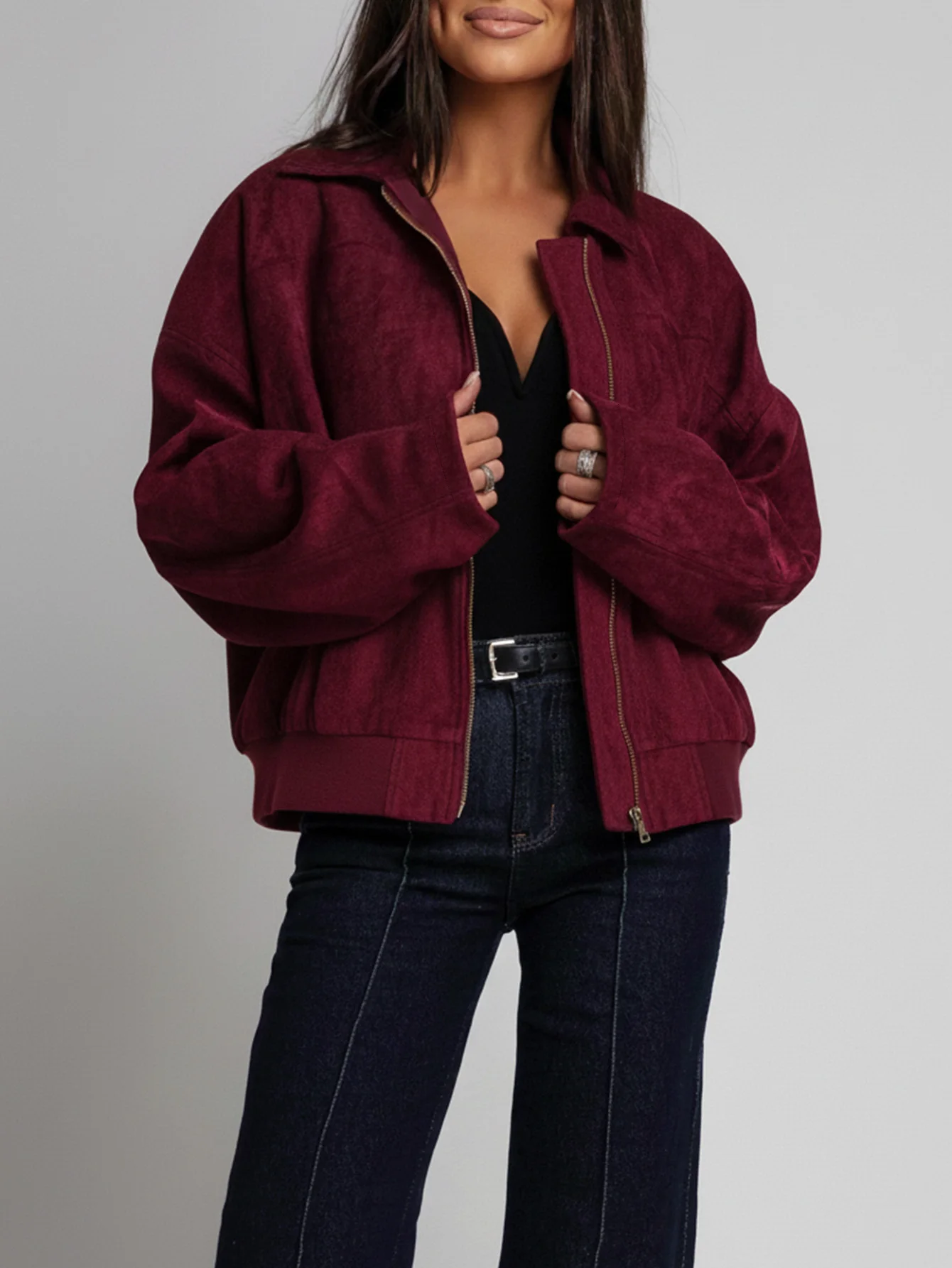 

Women's Lightweight Jacket Long Sleeve Lapel Loose Fit Autumn Winter Fashion Mature Vibe Chain Zippers