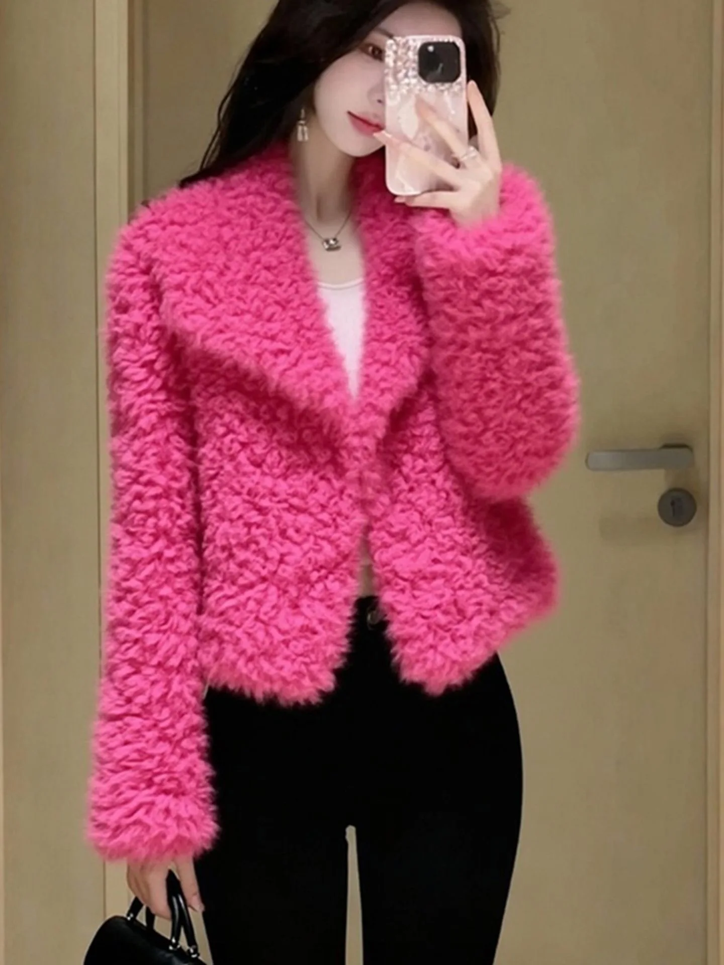 

Розовая куртка из овечьей шерсти для женщин, утепленная, повседневная, короткая, в корейском стиле, теплая, осенне-зимняя, новинка