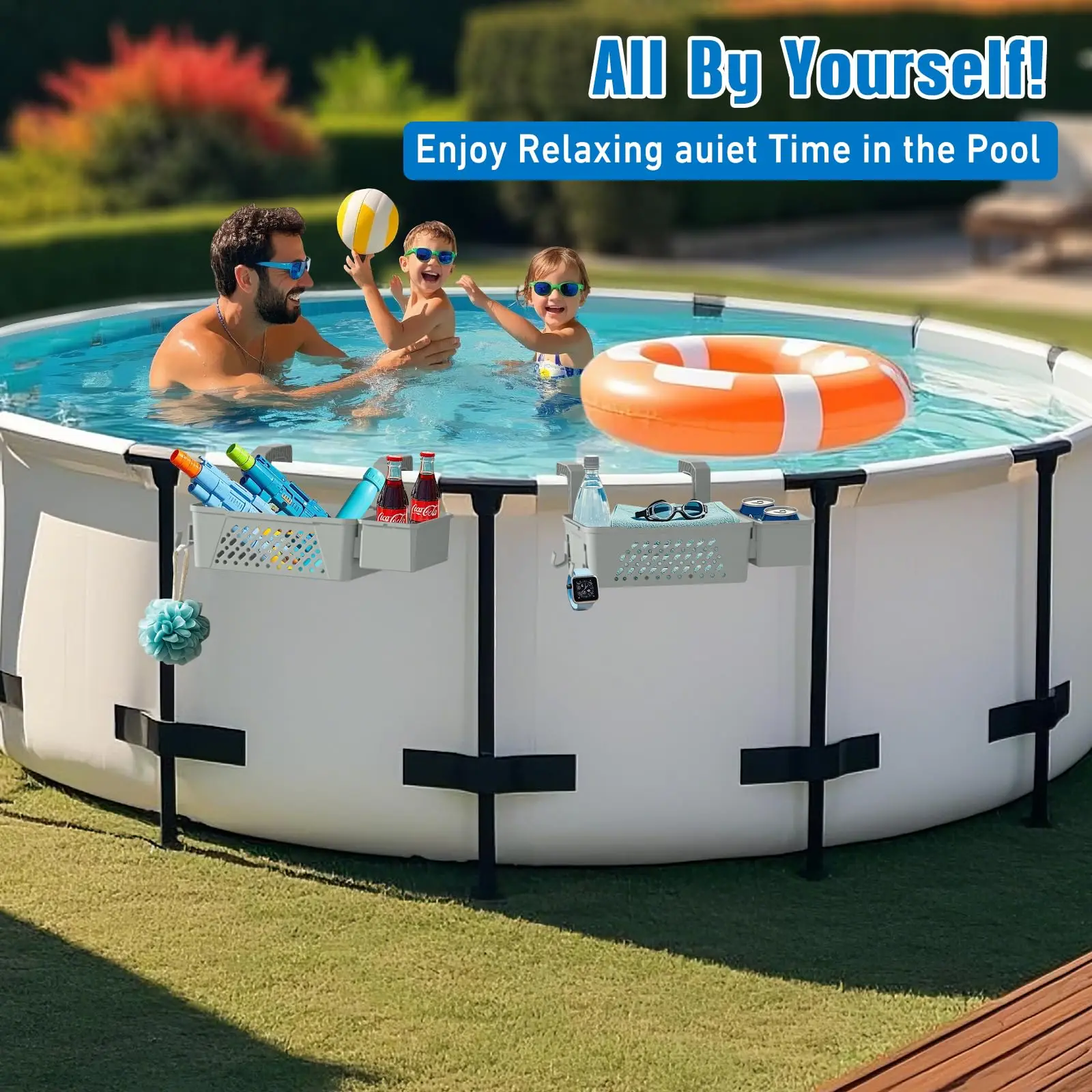 Hanging Pool Storage Basket Adjustable Clamp Pool Side Organizer Tray Drainage Design Cup Holder Towel Hook Frame Swimming Pool view 6