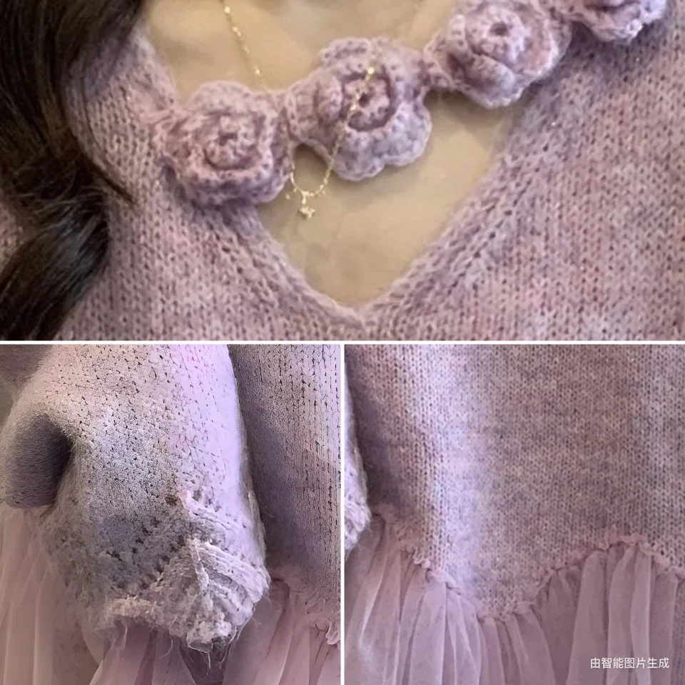 Dreidimensionaler Blumen-Strickpullover mit hängendem Hals für Damen, lockeres Oberteil, Pullover mit Netznähten, Lila, Herbst, 2026