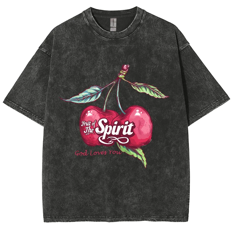 

Sweet Cherry Fruit Print Women Washed Denim T-Shirt Oversized Couple Short Sleeve Sweet Cute Casual Top Gentle Tees