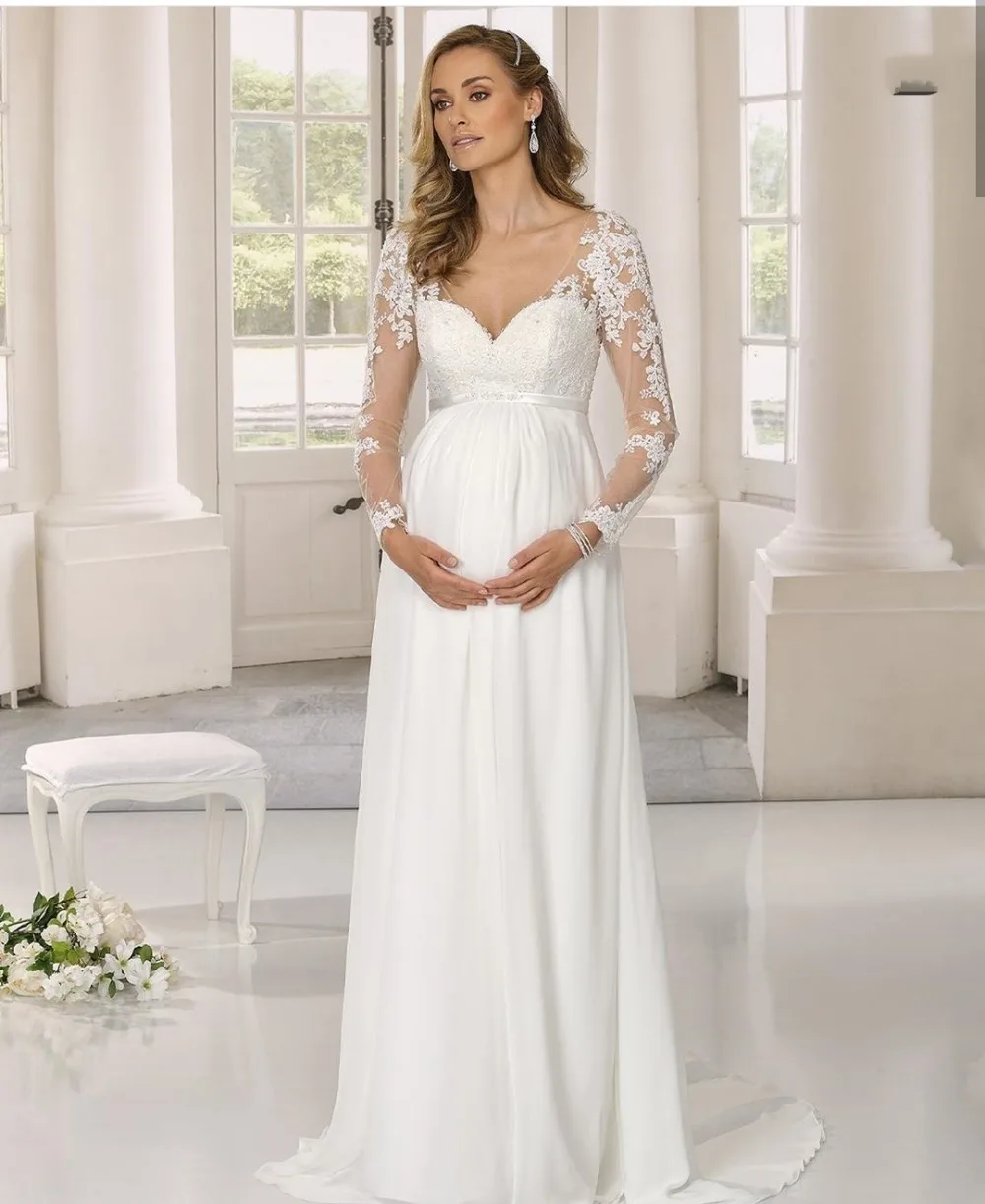 Pregnant Woman Wedding Dress Chiffon Long Sleeve Floor Length V-Neck Bridal Gowns Maternity Lace Appliques Robe De Mairee Custom