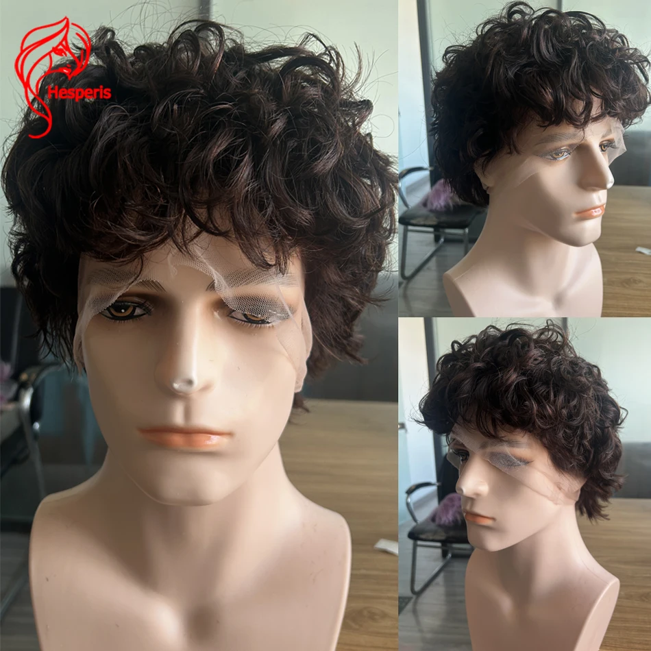 Peluca rizada Hesperis de color marrón oscuro para hombre, peluca llena de encaje de corte corto preestilizada para hombres, peluquín, cabello humano Remy, pelucas de corte Pixie
