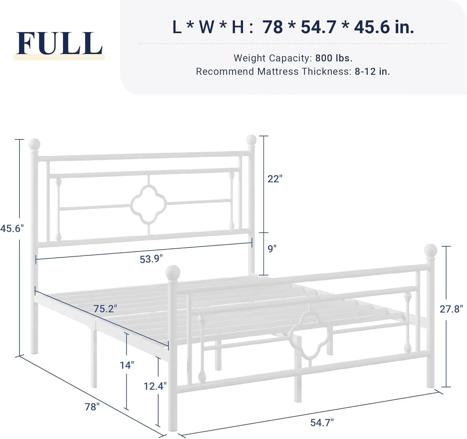 Full Size Metal Platform Bed Frame with Victorian Vintage Headboard and Footboard/Mattress Foundation/Under Bed Storage/No Box S