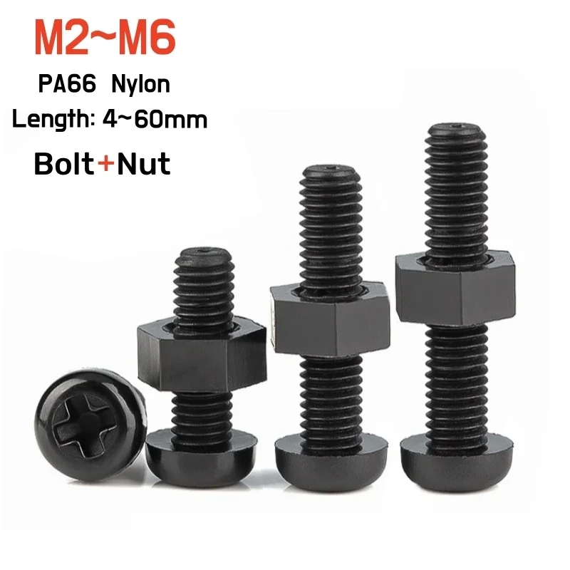 10~100sets M2 M2.5 M3 M4 M5 M6 M8 Nylon Plastic Insulated Phillips Pan Round Head Bolt Screw Nut 2 In1 Assortment Kit Set Black