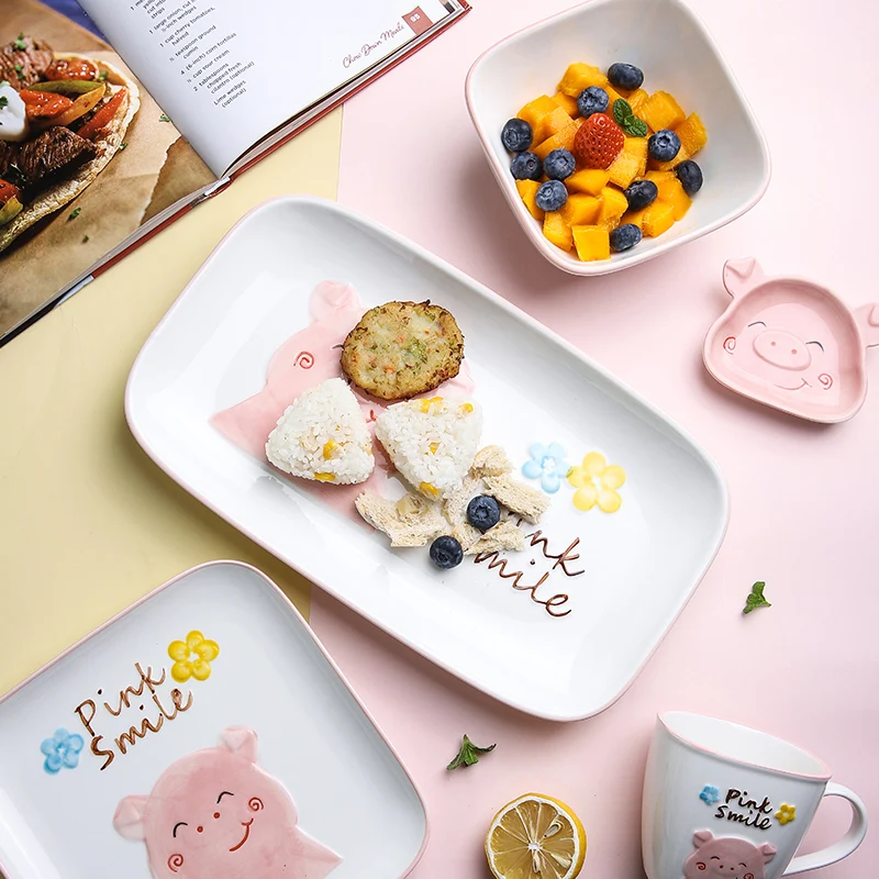 Shery cute cartoon ceramic tableware plate home creative pig pig dinner plate rice bowl baby breakfast grid plate LB71602