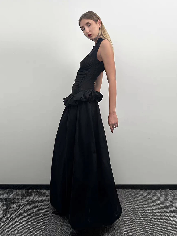 RORORIRI ネオ中国女性カットアウトタンクロングドレスノースリーブスリムストレッチリブニットスプライシングふわふわマキシドレス Grayu レトロ服