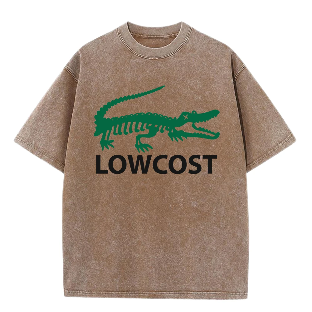 

Lowcost Crocodile Design Washed T Shirt Men Summer Casual Cotton Shirts Trendy O-Neck Short Sleeve Soft Oversize Clothes