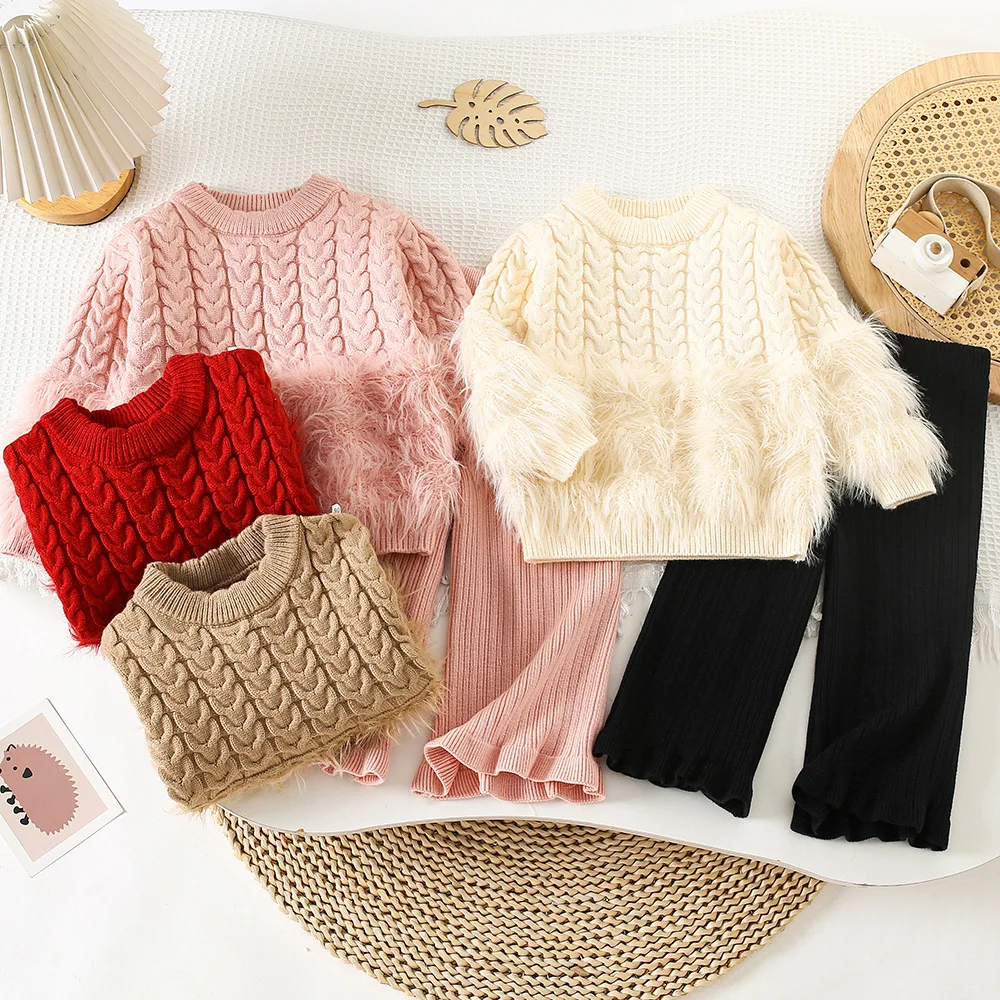 New Knitting Velvet Round Neck Bell Bottoms Suit Pullover Long Sleeves Kawaii Children's Clothing Girls Sweater Autumn Winter