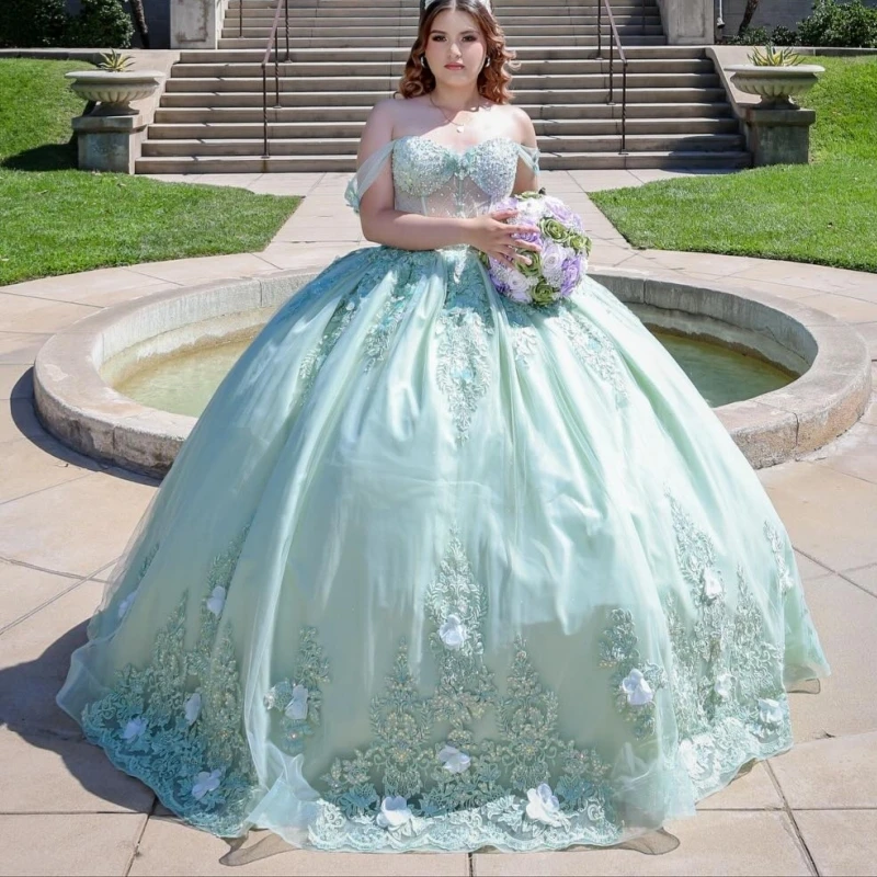 

Green Shiny Quinceanera Dresses Off The Shoulder Applique Flower Beads Tull Party Birthday Sweet 16 Dress Vestidos 15 De Anos