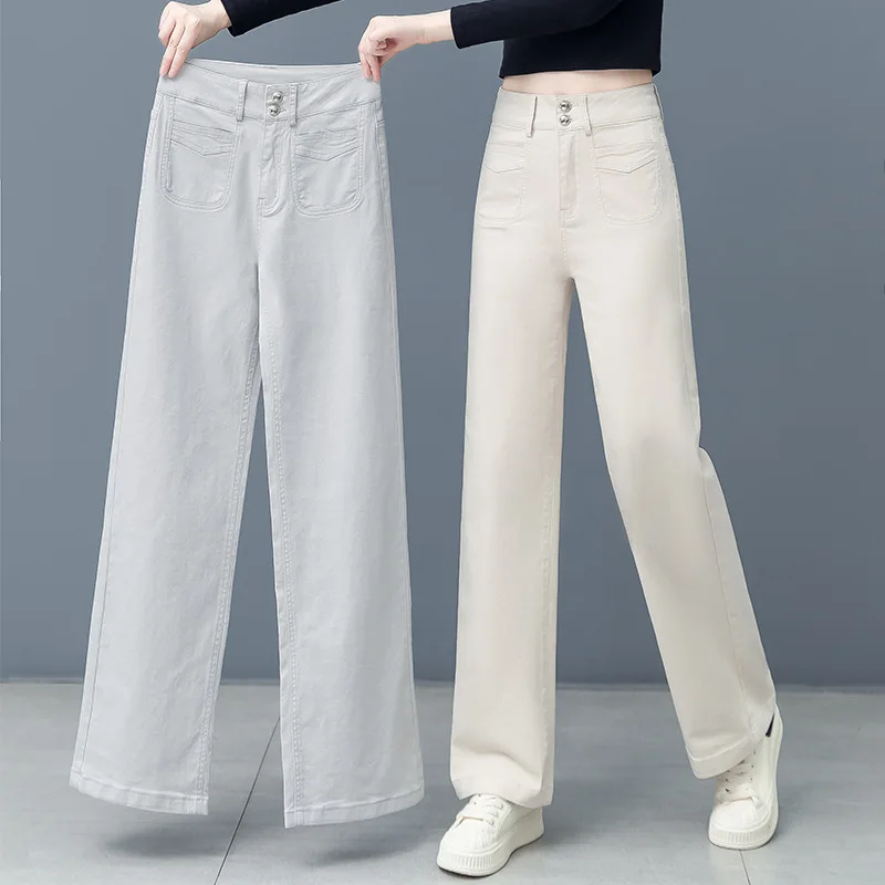 219 versione stretta di pantaloni a gamba larga a vita alta larghi Slim Slim Beige bianco gamba dritta pantaloni Casual Jeans