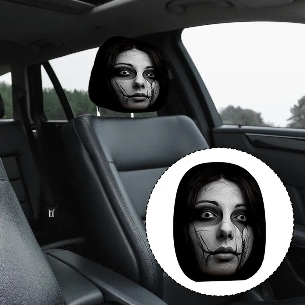 2pcs Horror Face Print Car Headrest Covers Elastic Fit Lightweight Washable Stylish Interior Decor Headrest Covers