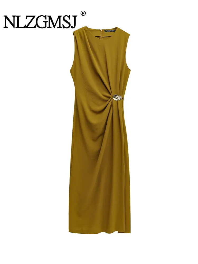 2025 Spring Summer Women Sexy Chic Solid Women Dress Cami Sleeveless Wrinkled Decoration Long Dress New Fashion Dress