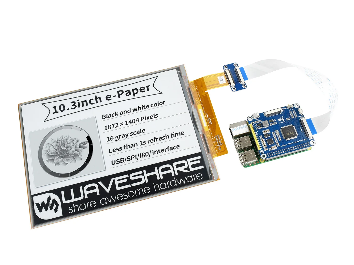 10,3 inch e-Paper HOED (D), 1872×1404, 10,3 inch flexibel E-Ink-display HOED voor Raspberry Pi, IT8951-controller, USB/SPI/I80-interfa