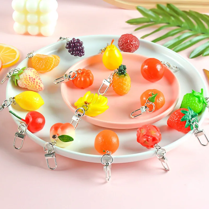 Acrylic Mini Simulated Fruit Pendant Keychain Cute Carrot Strawberry Banana Key Chain Bag Hanging Keyring For Women Girls Rings